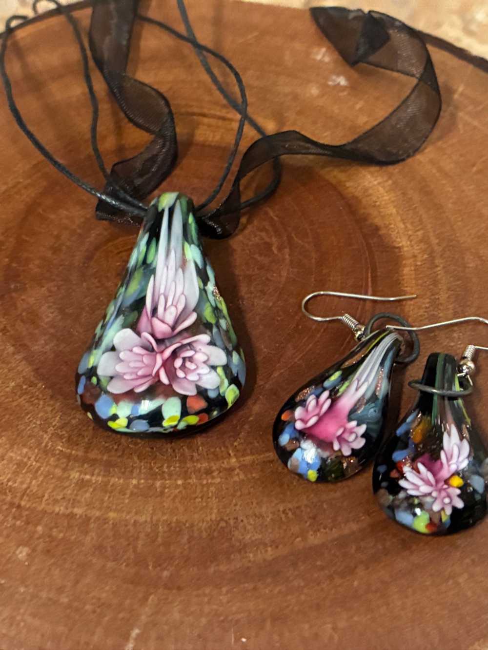 Handblown Glass Floral Pendant & Earrings Set - Black with Pink Flowers